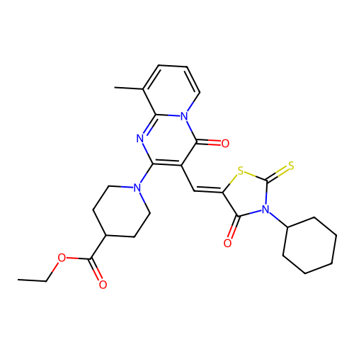 ethyl 1-{3-[(Z)-(3-cyclohexyl-4-oxo-2-thioxo-1,3-thiazolidin-5-ylidene)methyl]-9-methyl-4-oxo-4H-pyrido[1,2-a]pyrimidin-2-yl}piperidine-4-carboxylate structure