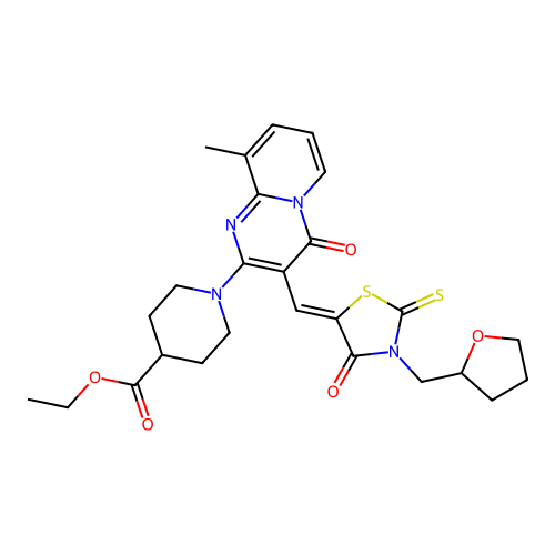 ethyl 1-(9-methyl-4-oxo-3-{(Z)-[4-oxo-3-(tetrahydrofuran-2-ylmethyl)-2-thioxo-1,3-thiazolidin-5-ylidene]methyl}-4H-pyrido[1,2-a]pyrimidin-2-yl)piperidine-4-carboxylate structure