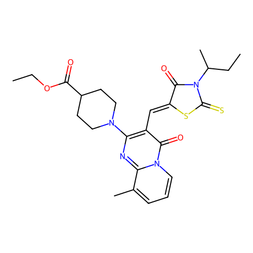 ethyl 1-(3-{(Z)-[3-(butan-2-yl)-4-oxo-2-thioxo-1,3-thiazolidin-5-ylidene]methyl}-9-methyl-4-oxo-4H-pyrido[1,2-a]pyrimidin-2-yl)piperidine-4-carboxylate structure