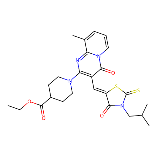 ethyl 1-(9-methyl-3-{(Z)-[3-(2-methylpropyl)-4-oxo-2-thioxo-1,3-thiazolidin-5-ylidene]methyl}-4-oxo-4H-pyrido[1,2-a]pyrimidin-2-yl)piperidine-4-carboxylate structure