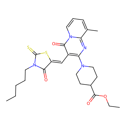 ethyl 1-{9-methyl-4-oxo-3-[(Z)-(4-oxo-3-pentyl-2-thioxo-1,3-thiazolidin-5-ylidene)methyl]-4H-pyrido[1,2-a]pyrimidin-2-yl}piperidine-4-carboxylate structure