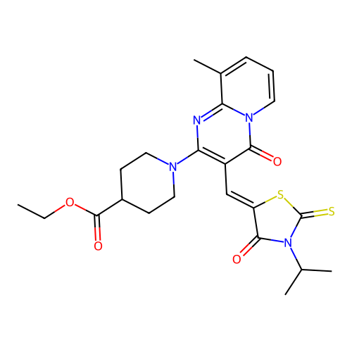 ethyl 1-(9-methyl-4-oxo-3-{(Z)-[4-oxo-3-(propan-2-yl)-2-thioxo-1,3-thiazolidin-5-ylidene]methyl}-4H-pyrido[1,2-a]pyrimidin-2-yl)piperidine-4-carboxylate structure
