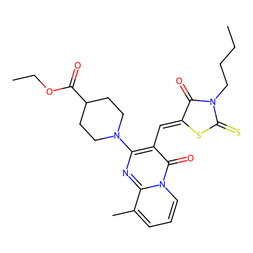 ethyl 1-{3-[(Z)-(3-butyl-4-oxo-2-thioxo-1,3-thiazolidin-5-ylidene)methyl]-9-methyl-4-oxo-4H-pyrido[1,2-a]pyrimidin-2-yl}piperidine-4-carboxylate structure