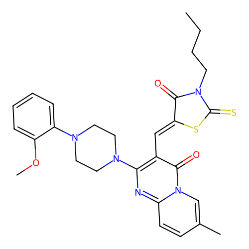 3-[(Z)-(3-butyl-4-oxo-2-thioxo-1,3-thiazolidin-5-ylidene)methyl]-2-[4-(2-methoxyphenyl)piperazin-1-yl]-7-methyl-4H-pyrido[1,2-a]pyrimidin-4-one structure