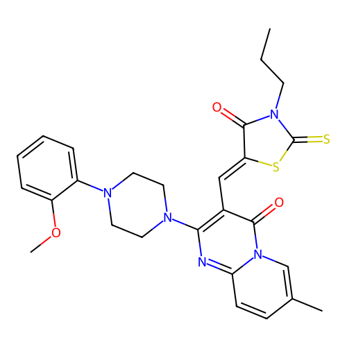 2-[4-(2-methoxyphenyl)piperazin-1-yl]-7-methyl-3-[(Z)-(4-oxo-3-propyl-2-thioxo-1,3-thiazolidin-5-ylidene)methyl]-4H-pyrido[1,2-a]pyrimidin-4-one structure