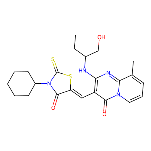 3-[(Z)-(3-cyclohexyl-4-oxo-2-thioxo-1,3-thiazolidin-5-ylidene)methyl]-2-[(1-hydroxybutan-2-yl)amino]-9-methyl-4H-pyrido[1,2-a]pyrimidin-4-one structure