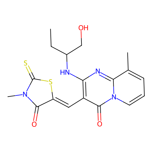 (Z)-5-((2-((1-hydroxybutan-2-yl)amino)-9-methyl-4-oxo-4H-pyrido[1,2-a]pyrimidin-3-yl)methylene)-3-methyl-2-thioxothiazolidin-4-one structure