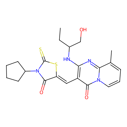 3-[(Z)-(3-cyclopentyl-4-oxo-2-thioxo-1,3-thiazolidin-5-ylidene)methyl]-2-[(1-hydroxybutan-2-yl)amino]-9-methyl-4H-pyrido[1,2-a]pyrimidin-4-one structure