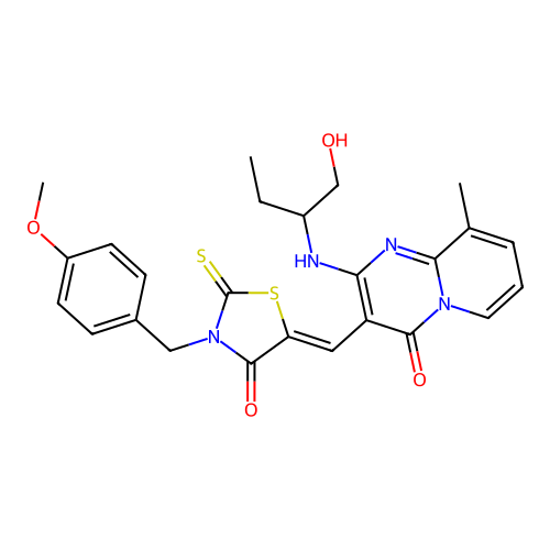 2-[(1-hydroxybutan-2-yl)amino]-3-{(Z)-[3-(4-methoxybenzyl)-4-oxo-2-thioxo-1,3-thiazolidin-5-ylidene]methyl}-9-methyl-4H-pyrido[1,2-a]pyrimidin-4-one structure