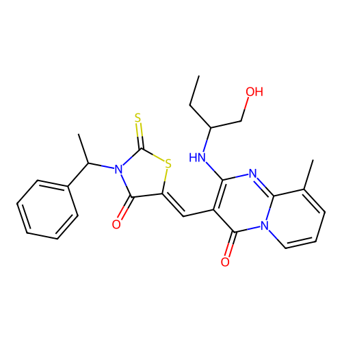 2-[(1-hydroxybutan-2-yl)amino]-9-methyl-3-{(Z)-[4-oxo-3-(1-phenylethyl)-2-thioxo-1,3-thiazolidin-5-ylidene]methyl}-4H-pyrido[1,2-a]pyrimidin-4-one structure