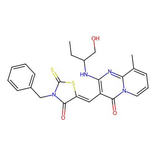 3-[(Z)-(3-benzyl-4-oxo-2-thioxo-1,3-thiazolidin-5-ylidene)methyl]-2-[(1-hydroxybutan-2-yl)amino]-9-methyl-4H-pyrido[1,2-a]pyrimidin-4-one structure