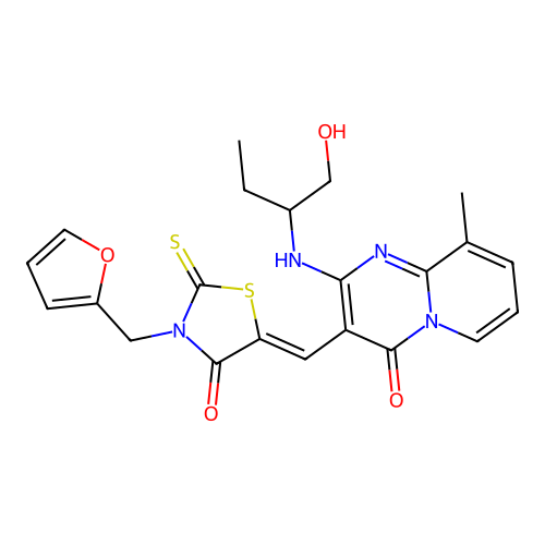 3-{(Z)-[3-(furan-2-ylmethyl)-4-oxo-2-thioxo-1,3-thiazolidin-5-ylidene]methyl}-2-[(1-hydroxybutan-2-yl)amino]-9-methyl-4H-pyrido[1,2-a]pyrimidin-4-one structure