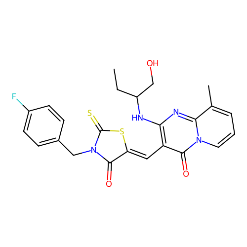 3-{(Z)-[3-(4-fluorobenzyl)-4-oxo-2-thioxo-1,3-thiazolidin-5-ylidene]methyl}-2-[(1-hydroxybutan-2-yl)amino]-9-methyl-4H-pyrido[1,2-a]pyrimidin-4-one structure