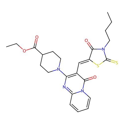 ethyl 1-{3-[(Z)-(3-butyl-4-oxo-2-thioxo-1,3-thiazolidin-5-ylidene)methyl]-4-oxo-4H-pyrido[1,2-a]pyrimidin-2-yl}piperidine-4-carboxylate structure