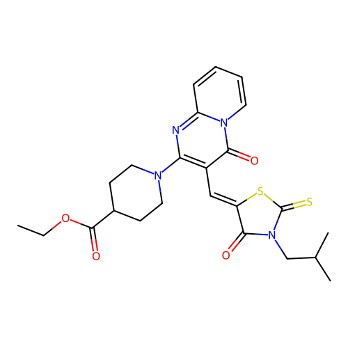 ethyl 1-(3-{(Z)-[3-(2-methylpropyl)-4-oxo-2-thioxo-1,3-thiazolidin-5-ylidene]methyl}-4-oxo-4H-pyrido[1,2-a]pyrimidin-2-yl)piperidine-4-carboxylate structure