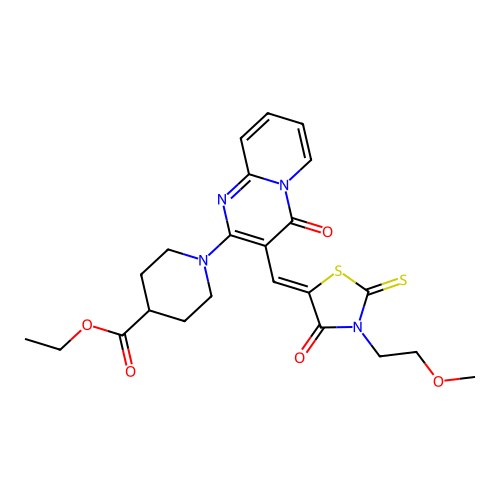 ethyl 1-(3-{(Z)-[3-(2-methoxyethyl)-4-oxo-2-thioxo-1,3-thiazolidin-5-ylidene]methyl}-4-oxo-4H-pyrido[1,2-a]pyrimidin-2-yl)piperidine-4-carboxylate structure