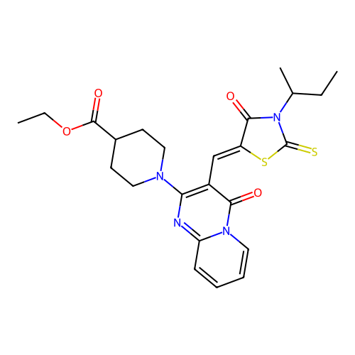ethyl 1-(3-{(Z)-[3-(butan-2-yl)-4-oxo-2-thioxo-1,3-thiazolidin-5-ylidene]methyl}-4-oxo-4H-pyrido[1,2-a]pyrimidin-2-yl)piperidine-4-carboxylate structure