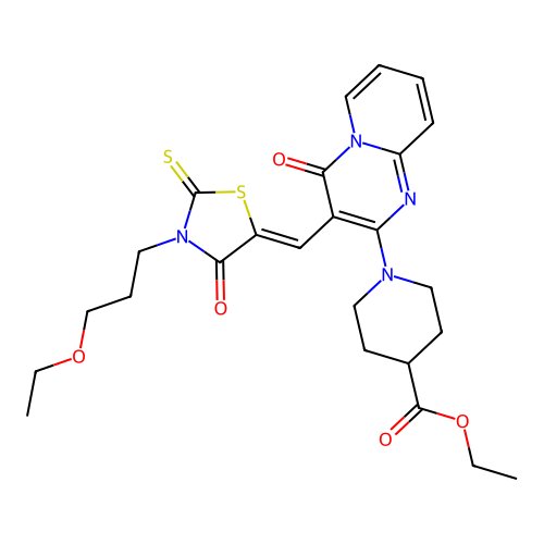 ethyl 1-(3-{(Z)-[3-(3-ethoxypropyl)-4-oxo-2-thioxo-1,3-thiazolidin-5-ylidene]methyl}-4-oxo-4H-pyrido[1,2-a]pyrimidin-2-yl)piperidine-4-carboxylate structure