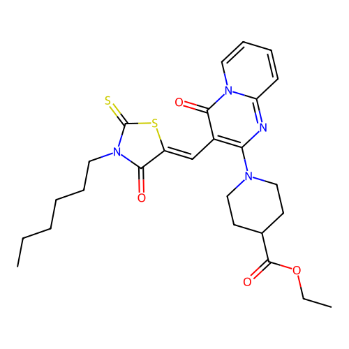 ethyl 1-{3-[(Z)-(3-hexyl-4-oxo-2-thioxo-1,3-thiazolidin-5-ylidene)methyl]-4-oxo-4H-pyrido[1,2-a]pyrimidin-2-yl}piperidine-4-carboxylate structure
