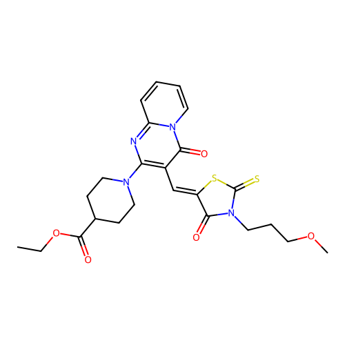 ethyl 1-(3-{(Z)-[3-(3-methoxypropyl)-4-oxo-2-thioxo-1,3-thiazolidin-5-ylidene]methyl}-4-oxo-4H-pyrido[1,2-a]pyrimidin-2-yl)piperidine-4-carboxylate structure