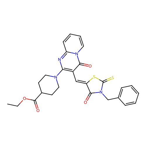 ethyl 1-{3-[(Z)-(3-benzyl-4-oxo-2-thioxo-1,3-thiazolidin-5-ylidene)methyl]-4-oxo-4H-pyrido[1,2-a]pyrimidin-2-yl}piperidine-4-carboxylate structure