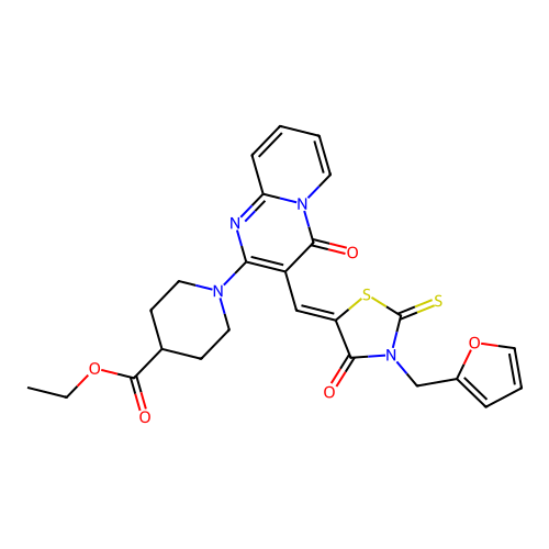 ethyl 1-(3-{(Z)-[3-(furan-2-ylmethyl)-4-oxo-2-thioxo-1,3-thiazolidin-5-ylidene]methyl}-4-oxo-4H-pyrido[1,2-a]pyrimidin-2-yl)piperidine-4-carboxylate structure