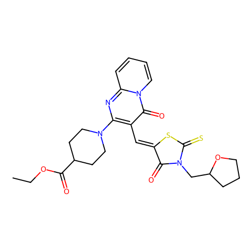 ethyl 1-(4-oxo-3-{(Z)-[4-oxo-3-(tetrahydrofuran-2-ylmethyl)-2-thioxo-1,3-thiazolidin-5-ylidene]methyl}-4H-pyrido[1,2-a]pyrimidin-2-yl)piperidine-4-carboxylate structure