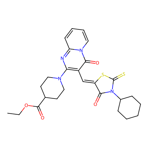 ethyl 1-{3-[(Z)-(3-cyclohexyl-4-oxo-2-thioxo-1,3-thiazolidin-5-ylidene)methyl]-4-oxo-4H-pyrido[1,2-a]pyrimidin-2-yl}piperidine-4-carboxylate structure