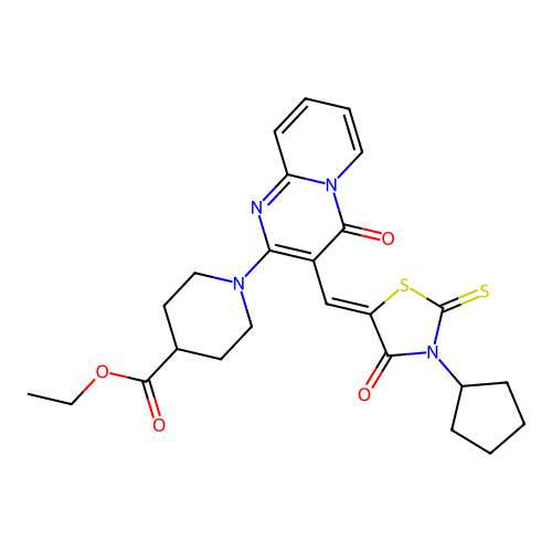 ethyl 1-{3-[(Z)-(3-cyclopentyl-4-oxo-2-thioxo-1,3-thiazolidin-5-ylidene)methyl]-4-oxo-4H-pyrido[1,2-a]pyrimidin-2-yl}piperidine-4-carboxylate structure