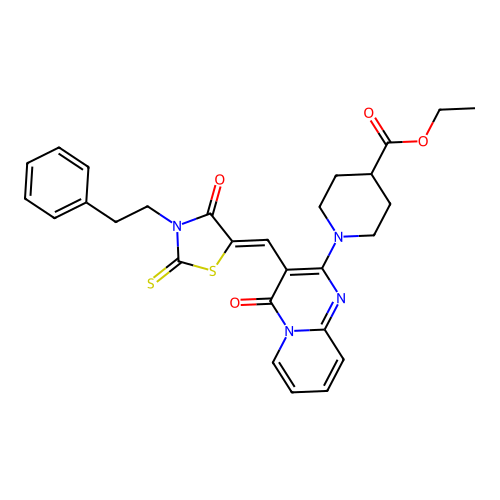 ethyl 1-(4-oxo-3-{(Z)-[4-oxo-3-(2-phenylethyl)-2-thioxo-1,3-thiazolidin-5-ylidene]methyl}-4H-pyrido[1,2-a]pyrimidin-2-yl)piperidine-4-carboxylate structure