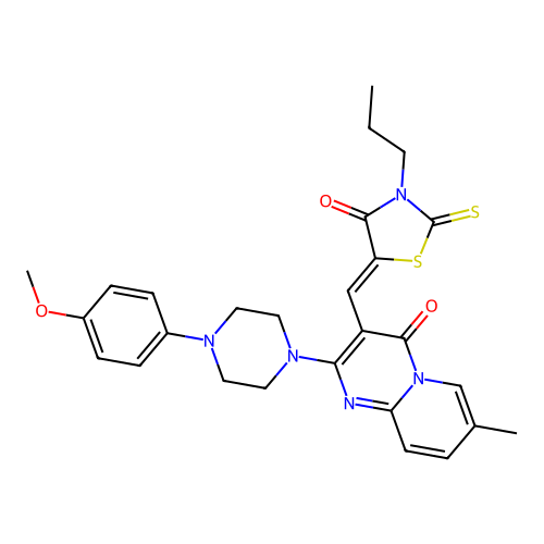 2-[4-(4-methoxyphenyl)piperazin-1-yl]-7-methyl-3-[(Z)-(4-oxo-3-propyl-2-thioxo-1,3-thiazolidin-5-ylidene)methyl]-4H-pyrido[1,2-a]pyrimidin-4-one structure