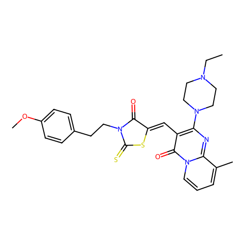 2-(4-ethylpiperazin-1-yl)-3-[(Z)-{3-[2-(4-methoxyphenyl)ethyl]-4-oxo-2-thioxo-1,3-thiazolidin-5-ylidene}methyl]-9-methyl-4H-pyrido[1,2-a]pyrimidin-4-one structure