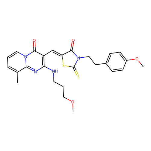 3-[(Z)-{3-[2-(4-methoxyphenyl)ethyl]-4-oxo-2-thioxo-1,3-thiazolidin-5-ylidene}methyl]-2-[(3-methoxypropyl)amino]-9-methyl-4H-pyrido[1,2-a]pyrimidin-4-one structure