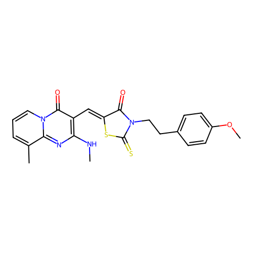 3-[(Z)-{3-[2-(4-methoxyphenyl)ethyl]-4-oxo-2-thioxo-1,3-thiazolidin-5-ylidene}methyl]-9-methyl-2-(methylamino)-4H-pyrido[1,2-a]pyrimidin-4-one structure