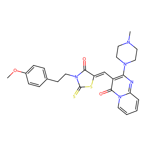 3-[(Z)-{3-[2-(4-methoxyphenyl)ethyl]-4-oxo-2-thioxo-1,3-thiazolidin-5-ylidene}methyl]-2-(4-methylpiperazin-1-yl)-4H-pyrido[1,2-a]pyrimidin-4-one structure