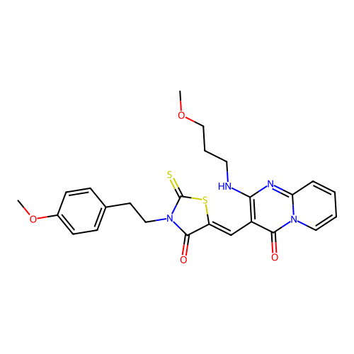 3-[(Z)-{3-[2-(4-methoxyphenyl)ethyl]-4-oxo-2-thioxo-1,3-thiazolidin-5-ylidene}methyl]-2-[(3-methoxypropyl)amino]-4H-pyrido[1,2-a]pyrimidin-4-one structure
