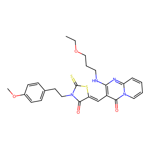 2-[(3-ethoxypropyl)amino]-3-[(Z)-{3-[2-(4-methoxyphenyl)ethyl]-4-oxo-2-thioxo-1,3-thiazolidin-5-ylidene}methyl]-4H-pyrido[1,2-a]pyrimidin-4-one structure