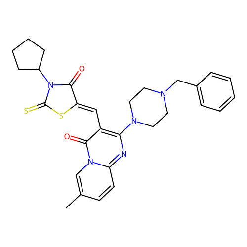 2-(4-benzylpiperazin-1-yl)-3-[(Z)-(3-cyclopentyl-4-oxo-2-thioxo-1,3-thiazolidin-5-ylidene)methyl]-7-methyl-4H-pyrido[1,2-a]pyrimidin-4-one structure