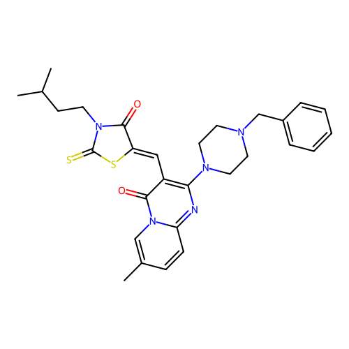 2-(4-benzylpiperazin-1-yl)-7-methyl-3-{(Z)-[3-(3-methylbutyl)-4-oxo-2-thioxo-1,3-thiazolidin-5-ylidene]methyl}-4H-pyrido[1,2-a]pyrimidin-4-one structure