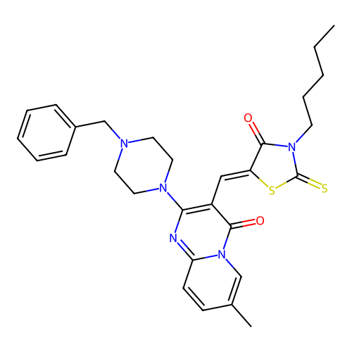 2-(4-benzylpiperazin-1-yl)-7-methyl-3-[(Z)-(4-oxo-3-pentyl-2-thioxo-1,3-thiazolidin-5-ylidene)methyl]-4H-pyrido[1,2-a]pyrimidin-4-one structure