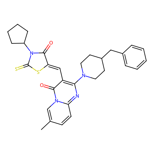 2-(4-benzylpiperidin-1-yl)-3-[(Z)-(3-cyclopentyl-4-oxo-2-thioxo-1,3-thiazolidin-5-ylidene)methyl]-7-methyl-4H-pyrido[1,2-a]pyrimidin-4-one structure