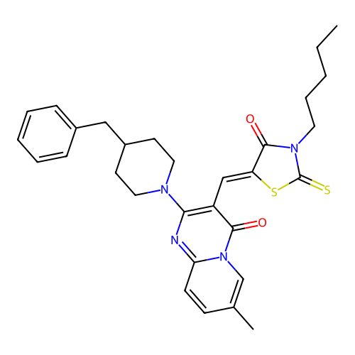 2-(4-benzylpiperidin-1-yl)-7-methyl-3-[(Z)-(4-oxo-3-pentyl-2-thioxo-1,3-thiazolidin-5-ylidene)methyl]-4H-pyrido[1,2-a]pyrimidin-4-one structure