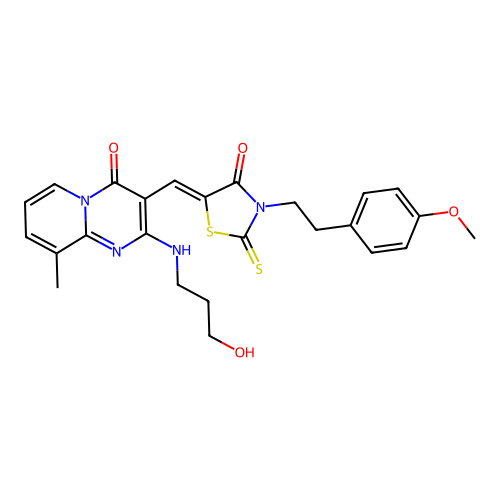 2-[(3-hydroxypropyl)amino]-3-[(Z)-{3-[2-(4-methoxyphenyl)ethyl]-4-oxo-2-thioxo-1,3-thiazolidin-5-ylidene}methyl]-9-methyl-4H-pyrido[1,2-a]pyrimidin-4-one structure