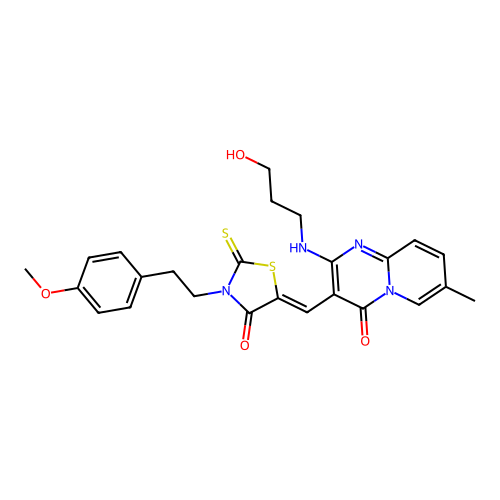 2-[(3-hydroxypropyl)amino]-3-[(Z)-{3-[2-(4-methoxyphenyl)ethyl]-4-oxo-2-thioxo-1,3-thiazolidin-5-ylidene}methyl]-7-methyl-4H-pyrido[1,2-a]pyrimidin-4-one structure