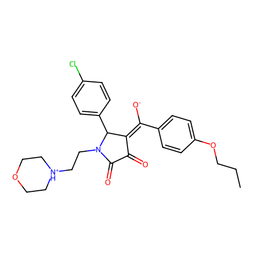 (E)-[2-(4-chlorophenyl)-1-(2-morpholin-4-ium-4-ylethyl)-4,5-dioxopyrrolidin-3-ylidene]-(4-propoxyphenyl)methanolate structure