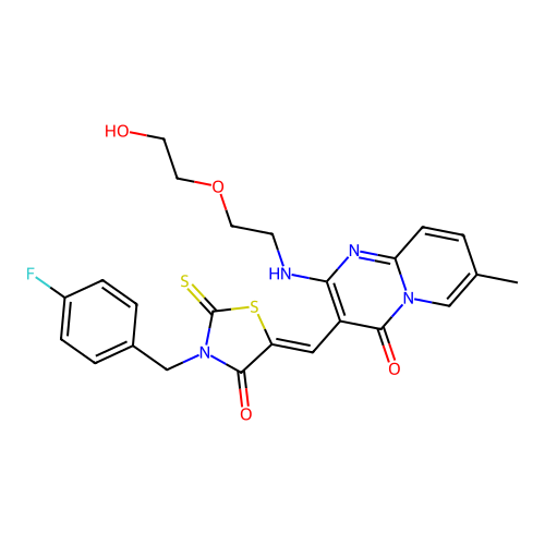 3-{(Z)-[3-(4-fluorobenzyl)-4-oxo-2-thioxo-1,3-thiazolidin-5-ylidene]methyl}-2-{[2-(2-hydroxyethoxy)ethyl]amino}-7-methyl-4H-pyrido[1,2-a]pyrimidin-4-one structure