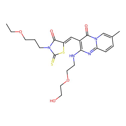 3-{(Z)-[3-(3-ethoxypropyl)-4-oxo-2-thioxo-1,3-thiazolidin-5-ylidene]methyl}-2-{[2-(2-hydroxyethoxy)ethyl]amino}-7-methyl-4H-pyrido[1,2-a]pyrimidin-4-one structure