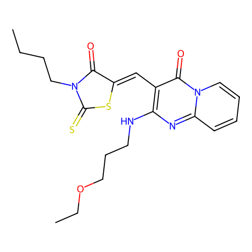 3-[(Z)-(3-butyl-4-oxo-2-thioxo-1,3-thiazolidin-5-ylidene)methyl]-2-[(3-ethoxypropyl)amino]-4H-pyrido[1,2-a]pyrimidin-4-one structure