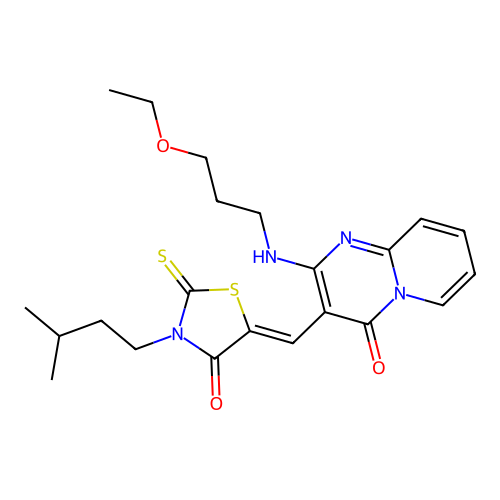 2-[(3-ethoxypropyl)amino]-3-{(Z)-[3-(3-methylbutyl)-4-oxo-2-thioxo-1,3-thiazolidin-5-ylidene]methyl}-4H-pyrido[1,2-a]pyrimidin-4-one structure