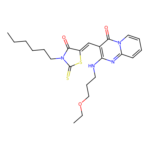 2-[(3-ethoxypropyl)amino]-3-[(Z)-(3-hexyl-4-oxo-2-thioxo-1,3-thiazolidin-5-ylidene)methyl]-4H-pyrido[1,2-a]pyrimidin-4-one structure